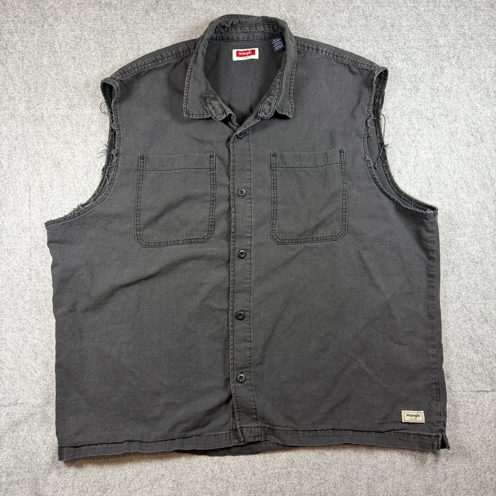 Wrangler Mens Sleeveless Button Down Shirt 2XL Black Raw Edge Cotton Twill